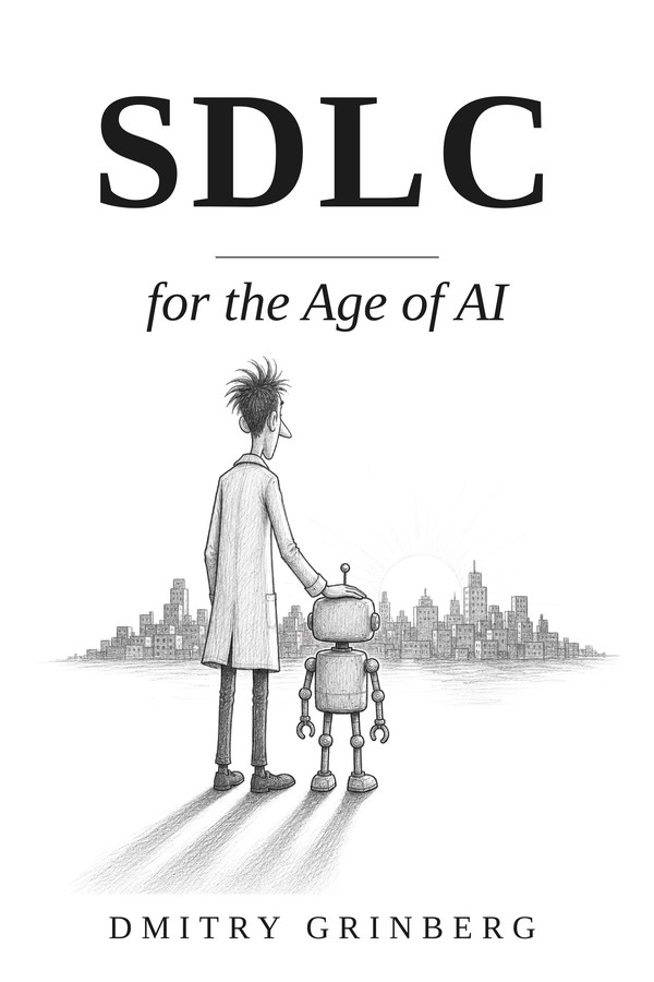 Cover of SDLC for the Age of AI: an engineer and a small robot stand together looking out over a city at first light.